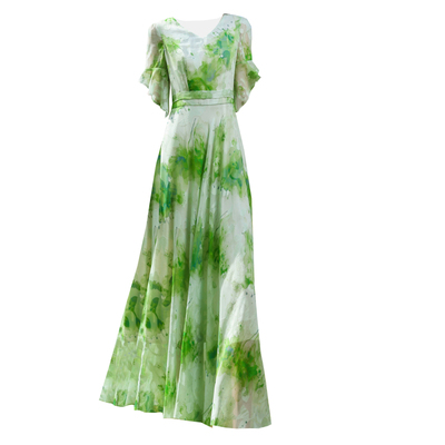 真丝连衣裙中袖好看高档大摆长裙