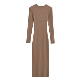 YoungGirlDay卡戴珊基础款紧身显瘦收腰包臀长袖抓绒中长款连衣裙