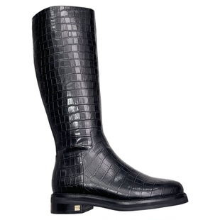 露娜女鞋秋冬鳄鱼纹方头骑士靴平跟机车靴拉链长筒瘦瘦靴SL322057