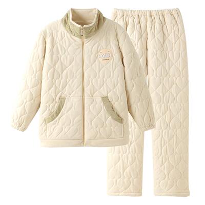 睡衣女秋冬珊瑚绒夹棉长袖家居服