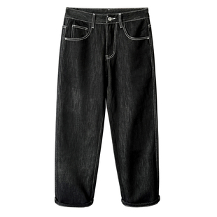 潮牌辑明线黑色薄绒牛仔裤男士2025秋冬新款宽松植绒直筒阔腿长裤