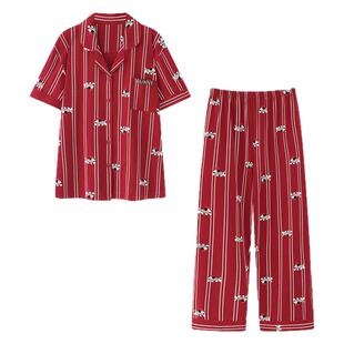 『礼盒装』情侣款红色短袖长裤睡衣纯棉结婚新婚条纹卡通2026新款