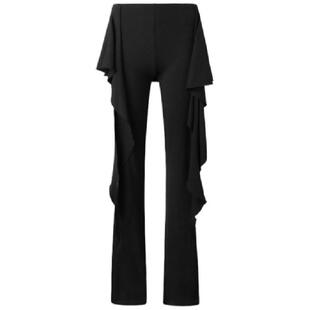 ourhour 假两件拼接 黑色荷叶边系带弹力瑜伽喇叭裤 女设计感裙裤