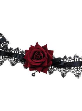 原创 蕾丝颈链锁骨链项链女 缕空水晶酒红色玫瑰花朵山茶花