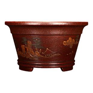 紫砂花盆陶瓷绿植小桌面盆景菖蒲多肉创意摹古古典台回流泥绘圆盆