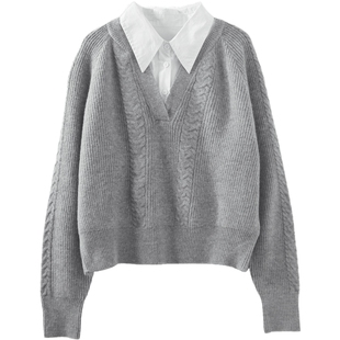 德玛纳高智感通勤拼接针织衫女春秋新款撞色翻领小个子线衫上衣