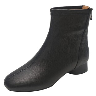 步享~羊皮短靴女软底杏色圆头平底低跟真皮百搭瘦瘦靴显瘦裸靴子