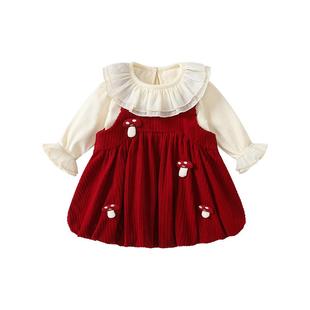 凡猎女童连衣裙春装洋气儿童公主裙一周岁宝宝礼服红色抓周拜年服