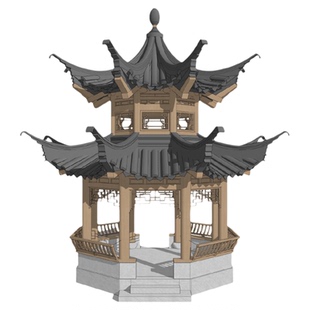 07八角重檐亭SU草图大师模型仿古木结构攒尖顶青瓦景观亭skp格式