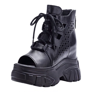 复古真皮内增高11CM马丁靴女头层牛皮镂空透气松糕厚底鱼嘴凉鞋子