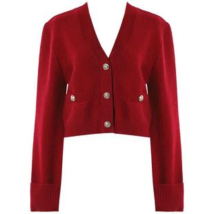 DPLAY秋季红色毛衣女含羊毛长袖针织开衫搭配半裙套装气质套裙