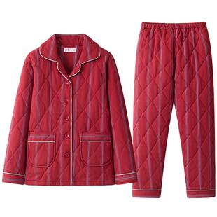 秋冬季睡衣女保暖日系条纹三层夹棉里外纯棉家居服ins风套装冬天