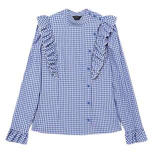 白鹿语复古立领蓝白格子衬衫25夏季新款浪漫荷叶边拼接修身衬衣女