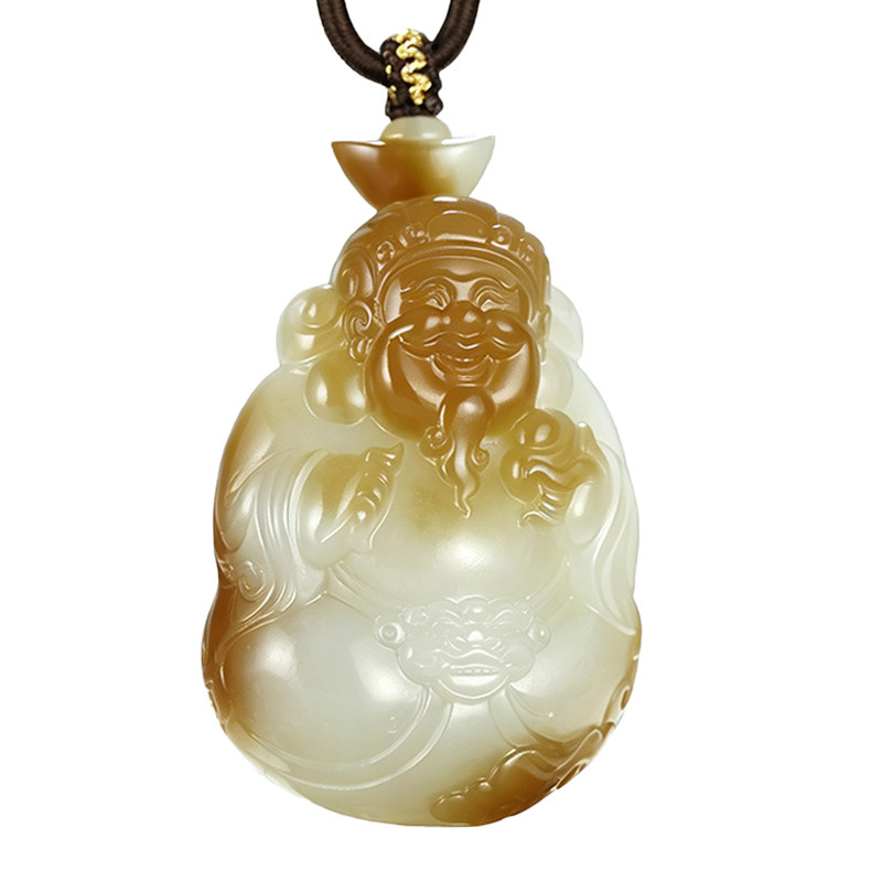 和田玉糖白财神吊坠鸿运当头
