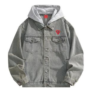 查尔斯桃心 假两件牛仔男春秋季可拆卸帽宽松休闲百搭外套