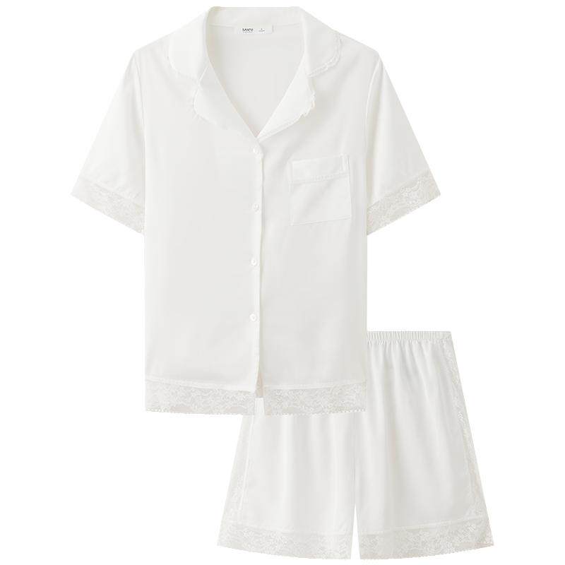 三福女春季浪漫蕾丝短袖睡衣套装 简约舒适宽松家居服851034