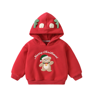 咔咔熊猫婴儿衣服儿童圣诞连帽衫冬装男童女童红色卡通卫衣加绒潮