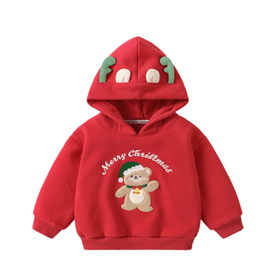 咔咔熊猫婴儿衣服儿童圣诞连帽衫冬装男童女童红色卡通卫衣加绒潮