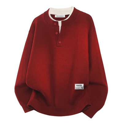 马克华菲红色假两件毛衣男士