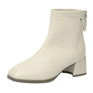 戈美其米白色靴子女2024新款春季法式气质弹力瘦瘦靴加绒高跟短靴