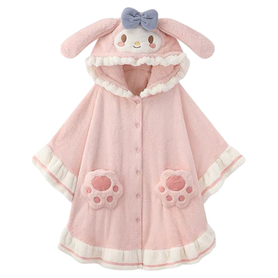 玛丽猫珊瑚绒斗篷睡袍女童可外穿冬季加厚长款法兰绒可爱连帽睡衣