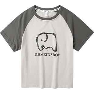 小象汉姆童装男童短袖T恤插肩袖儿童半袖拼接款2026夏装新款纯棉