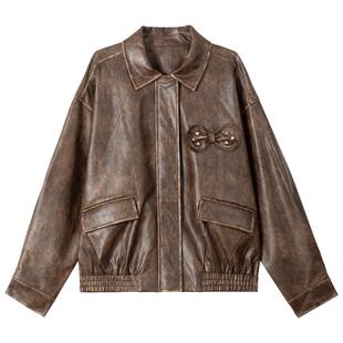 KEIKO 巴恩风擦旧棕色皮衣外套春季美式酷飒蝴蝶结饰廓形pu皮夹克