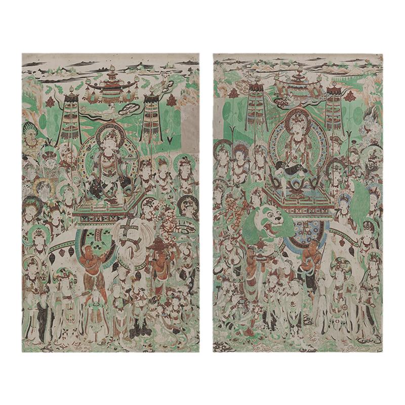 敦煌壁画彩绘文殊普贤菩萨经变图高清微喷装饰画线稿临摹学习装裱