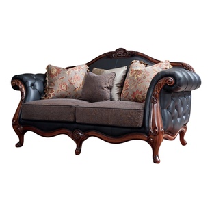美式实木真皮沙发欧式复古雕花双人沙发客厅小户型皮质沙发组合