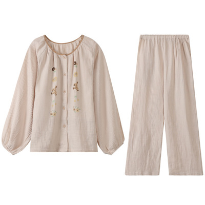 纯棉纱布月子服春秋长袖哺乳喂奶