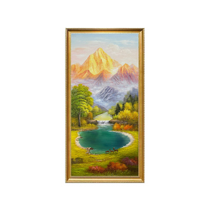 手绘油画风景山水金山聚宝盆玄关装饰画走廊过道挂画竖版轻奢壁画