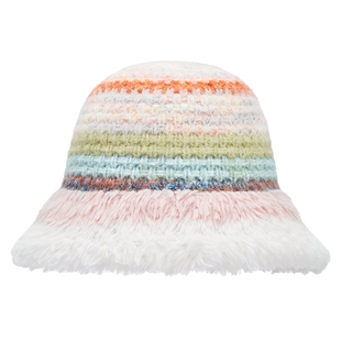 热风女士帽子2025年冬季新款条纹拼接厚盆帽撞色条纹保暖毛绒盆帽