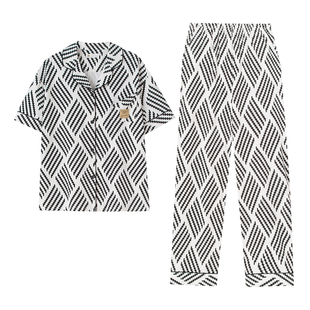 妮狄娅情侣睡衣女夏季柔软棉开衫款短袖男休闲时尚长裤家居服套装