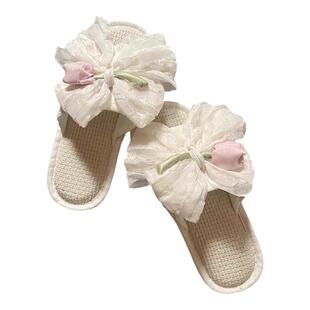 法式郁金香蝴蝶结亚麻拖鞋四季通用防滑软底居家鞋女夏天地板凉拖