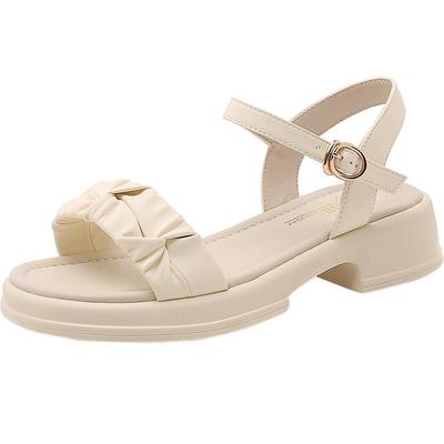 大东粗跟褶皱pu露趾纯色