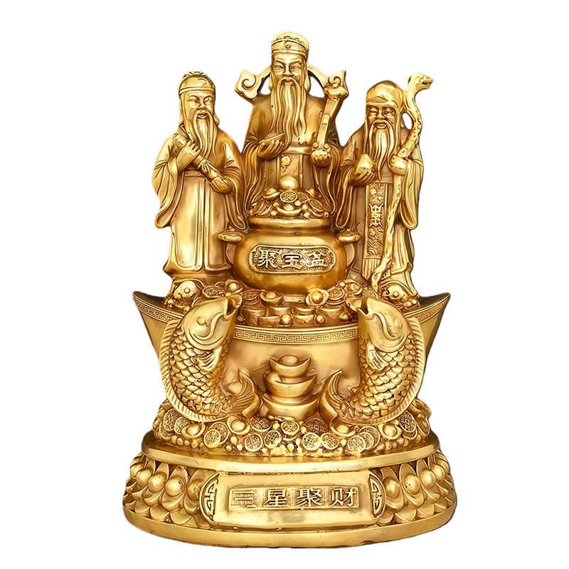 黄铜福禄寿三星聚宝盆财神摆件