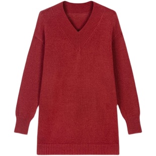 毛衣女宽松秋冬中长款针织连衣裙洋气慵懒风显瘦V领打底毛衣裙子