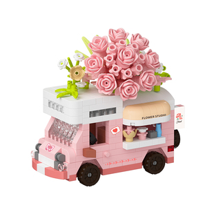 可爱女孩子新年礼物手工拼装玩具奖品鲜花房车微型小颗粒积木摆件
