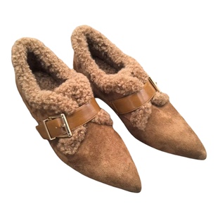 毛绒尖头皮带扣乐福鞋女保暖加绒懒人鞋黑色增高绒面单鞋