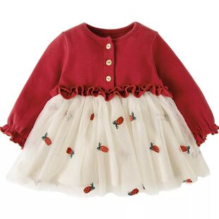 Amila宝宝周岁礼服女童红色网纱公主连衣裙纯棉儿童春秋裙子洋气
