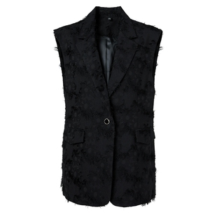 马天奴女装春夏新款黑色翻领一粒扣西装马甲无袖流苏时尚气质百搭