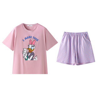 迪士尼睡衣女夏款纯棉短袖短裤凉感套装甜美少女唐老鸭大码家居服