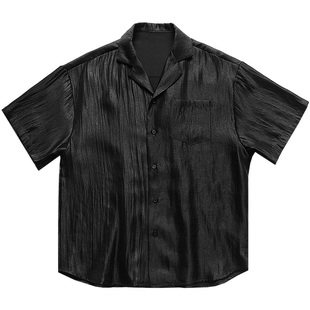 高级感褶皱古巴领短袖衬衫男夏季日系复古山本耀司宽松半袖衬衣服