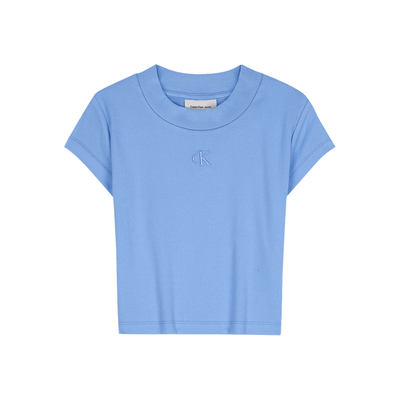 CK Jeans26春夏新款女士青春少女感辣妹罗纹弹力刺绣纯色短袖T恤