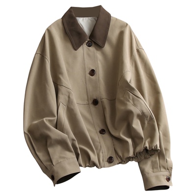 撞色翻领宽松显瘦气质花苞型外套