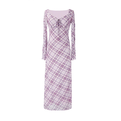 SYT自制经典复古格子网纱v领裙