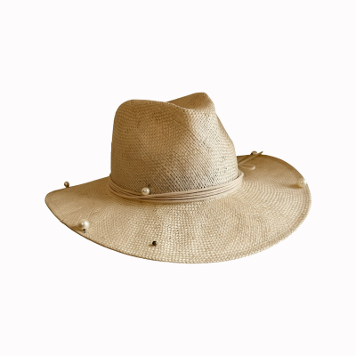 法式珍珠宽檐剑麻防晒礼帽女