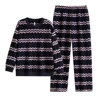 悦内半边绒睡衣女款秋冬季冬款珊瑚绒加厚加绒圆领套头保暖家居服