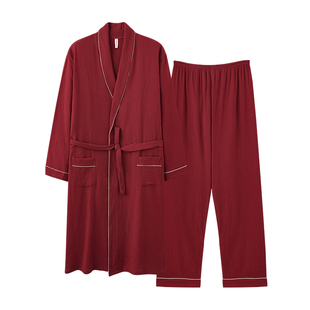 睡袍男士夏季2025新款春秋天浴袍两件套双层纱布纯棉睡衣男款长袖