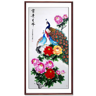 客厅卧室玄关装饰挂画中国画孔雀锦鸡仙鹤牡丹花鸟图手绘风水竖版